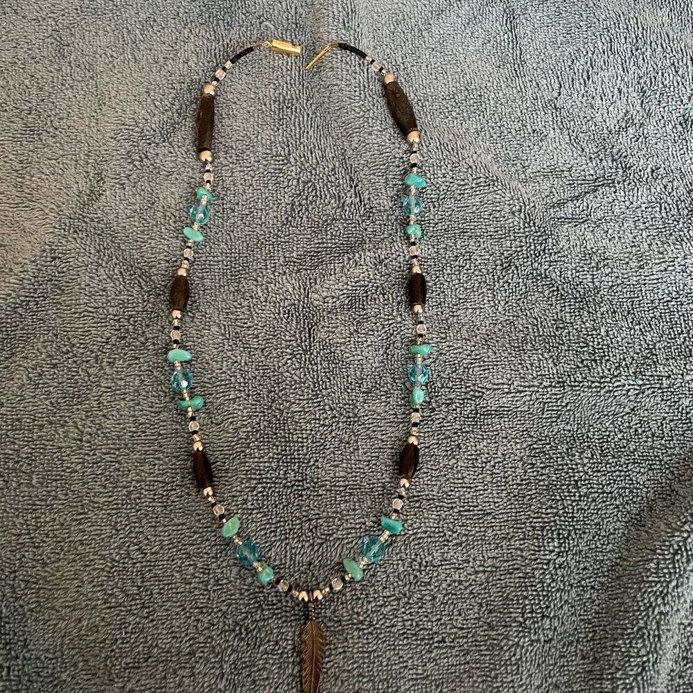 Turquoise Bead Feather Pendant Necklace -